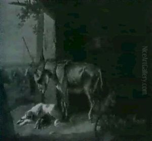 Esel, Ziegen Und Hunde Am Stalltor by Carl Pischinger