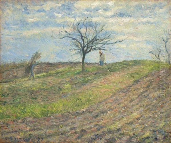 Terre Labouree En Hiver, Avec Un Homme Portant Un Fagot - view 1