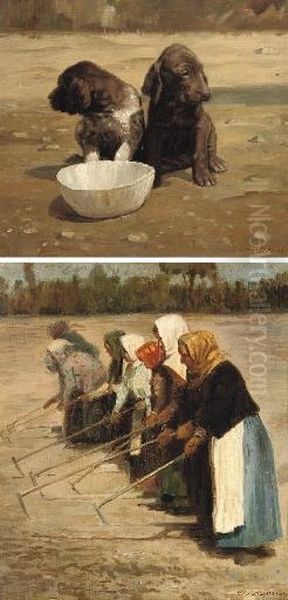 Spaniels With A Drinking Bowl; And Peasant Women Ploughing - view 1