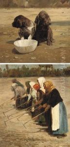 Spaniels With A Drinking Bowl; And Peasant Women Ploughing