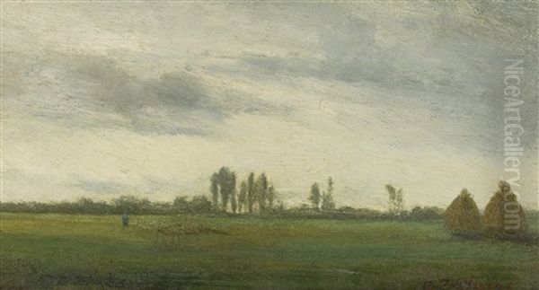Paysage Avec Troupeau De Moutons Et Meules - view 1