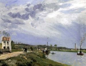 Chemin Au Bord De L'oise Avec Peniche, Barque, Remorqueur, Pontoise by Camille Pissarro