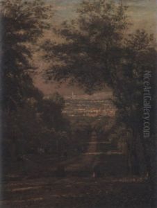 Figures Picnicking Along A Tree-lined Path, Distant Cityscape by Camille Pissarro