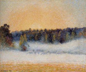 Soleil Couchant Et Brouillard A Eragny by Camille Pissarro