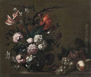 Roses, A Parrot Tulip, Chrysanthemums And Other Flowers In A Glass Vase by Jakob Bogdani Eperjes C