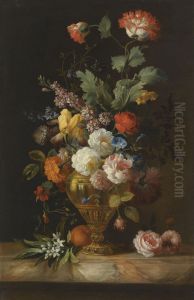A Still Life Of Roses And Other Flowers In A Metal Vase On A Marble Ledge by Jakob Bogdani Eperjes C
