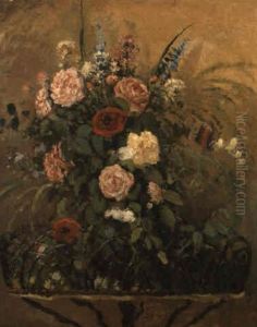 Bouquet De Fleurs, Avc Jardiniere En Bois Rustique
