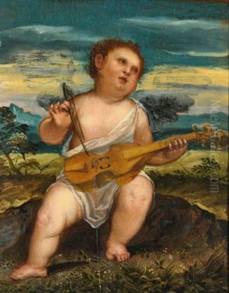 Cupid With A Violin In A Landscape - view 1