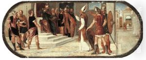 A Bishop Before A Roman Dignitary Surrounded By Soldiers by Bonifazio Veronese
