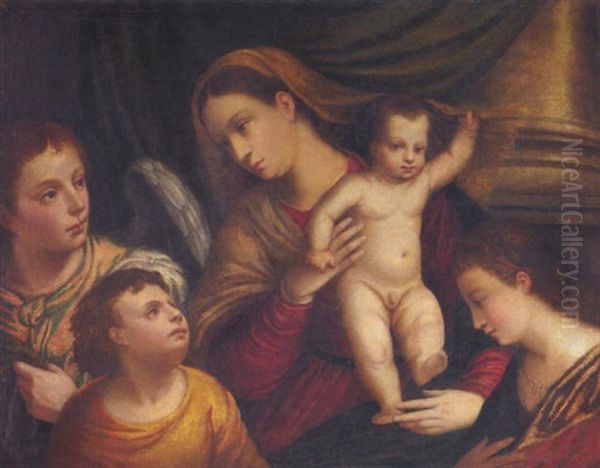 Maria Mit Jesus Umgeben Von Einem Engel Und Zwei Kindern - view 1