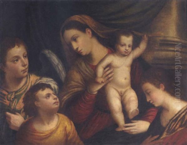Maria Mit Jesus, Umgeben Von Einem Engel Und Zwei Kindern - view 1