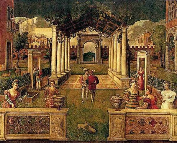 An Architectural Capriccio With Elegant Figures And Animals Promenading In An Ornamental Garden - view 1