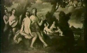 Musizierende Madchen Und Junglinge In Einer Bewaldeten Landschaft by Bonifazio Veronese