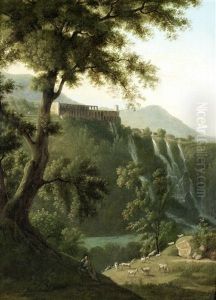 A Shepherd Grazing Cattle At Tivoli, With A View Of The Waterfalls In The Distance