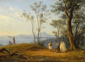 A Painter At Work In An Italianate Coastal Landscape by Anton Sminck Pitloo