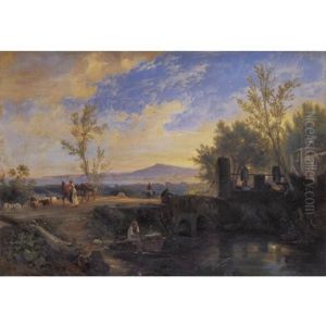 Peasants And Animals In A Landscape In Naples by Anton Sminck Pitloo