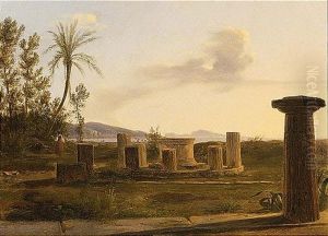 An Italian Landscape With Figures Near A Ruin