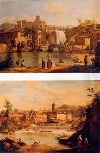 Washerwomen Beside A Waterfall With An Italian Town Beyond