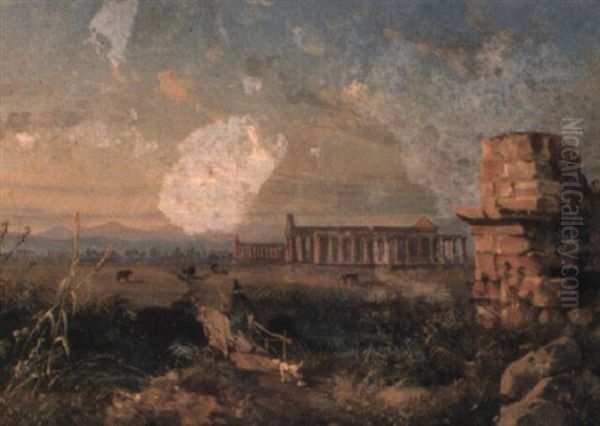 Figure Crossing A Bridge Before The Temple Of Paestum - view 1