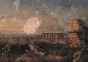 Figure Crossing A Bridge Before The Temple Of Paestum by Anton Sminck Pitloo