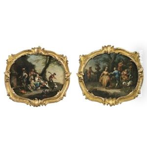 An Outdoor Scene With Figures Resting After The Hunt (+ An Outdoor Scene With Figures Dancing; Pair) by Matteo de' Pitocchi (Matteo Ghidoni)