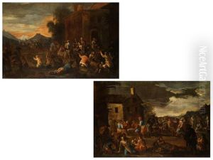 Gesellschaft An Gedecktem Tisch Mit Musikantengruppe Vor Einer Herberge (+ Landliches Haus Mit Weitem Platz, Davor Musikanten, Tanzendes Paar Und Personen An Gedecktem Tisch; Pair)