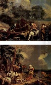 Peasants Watering Their Horses In A River With A Boy Crossing A Bridge In A Pastoral Landscape