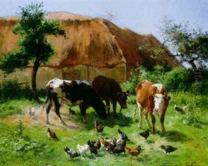 Cows And Chickens In A Meadow by Carlo Pittara