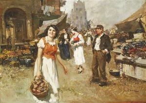 A Woman Holding A Basket In An Italian Market by Giuseppe Pitto