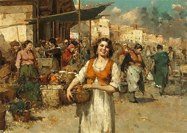 A Market Scene With A Woman Holding A Basket In The Foreground (+ Other; Pair) - view 1
