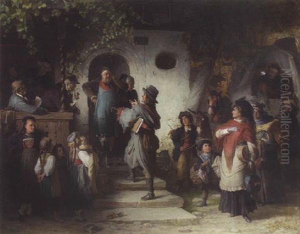 Bedenkliche Ankunft Einer Wandernden Schauspielertruppe Vor Einem Dorfwirtshaus - view 1