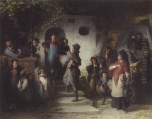Bedenkliche Ankunft Einer Wandernden Schauspielertruppe Vor Einem Dorfwirtshaus by Theodor Pixis