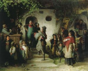 Bedenkliche Ankunft Einer Wandernden Schauspieltruppe Vor Einem Dorfwirtshause by Theodor Pixis