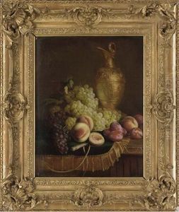 Grapes, Peaches, Plums And An Ornamental Bronze Ewer On A Draped Ledge by Claudius Pizetta
