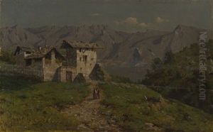 Paesaggio Lacustre Con Figure, Case E Montagne Sullo Sfondo by Carlo Pizzi