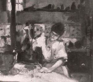Mujer En La Cocina Preparando Los Alimentos by Cecilio Pla