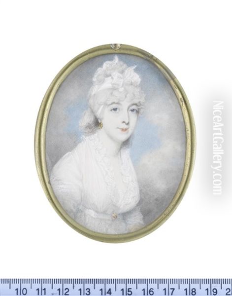 A Lady, Wearing White Dress With Frilled Neckline And Lace Slip, A Small Gold Buckle To Her Waistbelt, Gold Hoop Earring, Her Powdered Hair Dressed With A Tied White Bandeau - view 1