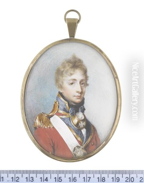 An Officer, Wearing Red Coat With Blue Facings Edged With Gold, Gold Epaulette, Brass Gorget Dressed With Blue Tassels, White Cross Belt With Oval Regimental Belt Plate - view 1