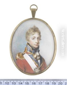 An Officer, Wearing Red Coat With Blue Facings Edged With Gold, Gold Epaulette, Brass Gorget Dressed With Blue Tassels, White Cross Belt With Oval Regimental Belt Plate by George Place