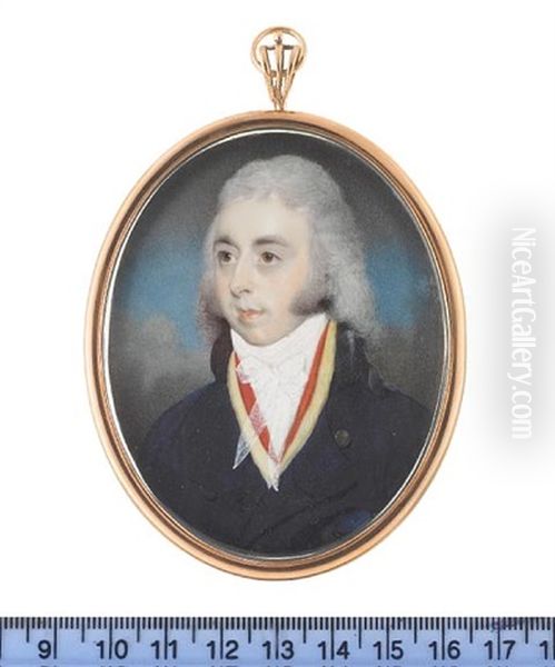 A Gentleman, Wearing Blue Coat With Black Collar, Yellow Waistcoat, Red Solitaire, White Chemise And Tied Gauze Stock, His Hair Worn Powdered And Long - view 1