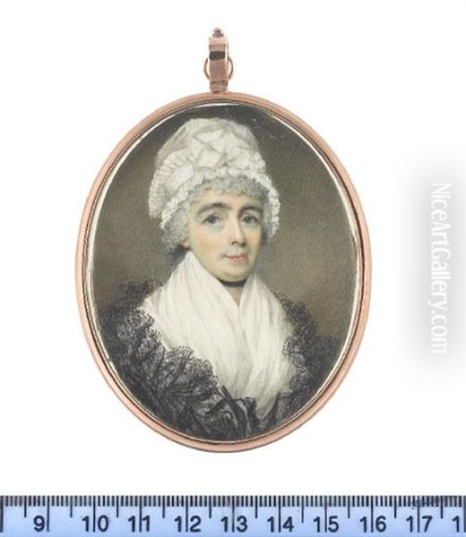 A Lady, Wearing White Fichu, Black Lace Shawl, Ribbon Choker And White Bonnet Trimmed With Pleated Lace Border Tied With Wide Ribbon - view 1