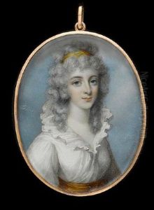 A Lady, Wearing White Dress With Frilled Collar And Orange Sash, Her Curled And Powdered Hair Worn Long And Dressed With An Orange Bandeau
