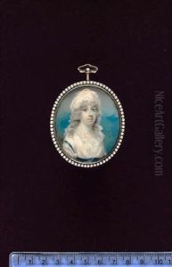 A Lady, Wearing White Dress With Frilled Trim And Blue Waistsash, Gold Necklaces And White Turban In Her Powdered Hair A Lady, Wearing White Dress With Frilled Trim And Blue Waistsash, Gold Necklaces And White Turban In Her Powdered Hair