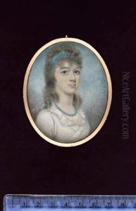 A Lady Wearing White Dress With Frilled Neckline, A Blue Bandeau In Her Curled Hair, Blue Beads At Her Neck A Lady Wearing White Dress With Frilled Neckline, A Blue Bandeau In Her Curled Hair, Blue Beads At Her Neck