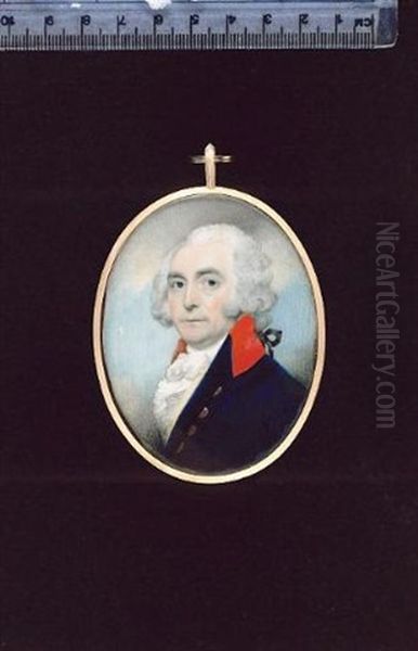A Gentleman, Wearing Blue Coat With Brass Buttons, Red Collar, Yellow Waistcoat, White Frilled Shirt And Tied Cravat, His Hair Curled And Powdered And Worn En Queue - view 1
