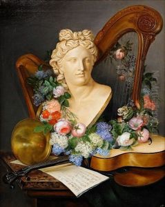 Stilleben Med Musikinstrument Och Blommor by Augusta Plagemann