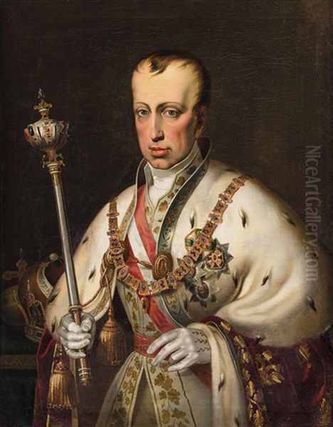 Dreiviertelportrat Ferdinands I., Kaisers Von Osterreich, Mit Zepter Und Kette Des Ordens Vom Goldenen Vlies, Rechts Neben Ihm Die Kaiserkrone (1793-1875, Kaiser 1835-1848) - view 1