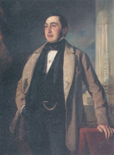 Portrait Of A Gentleman Standing In A Dark Suit Beside A Column - view 1
