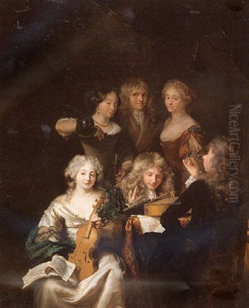 A Group Portrait Of Elegant Figures, Drinking And Playing Music - view 1