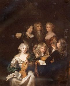 A Group Portrait Of Elegant Figures, Drinking And Playing Music